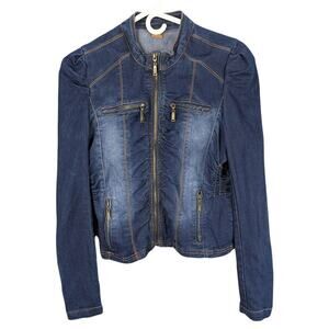 Joujou Jacket Womens Large Cropped Blue Denim Zip Moto Fitted Retro Vintage READ